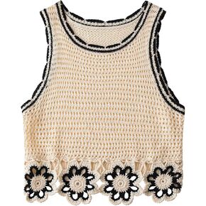 MakeMeChic Women's Floral Crochet Sweater Vest Crew Neck Sleeveless Tank Crop Top