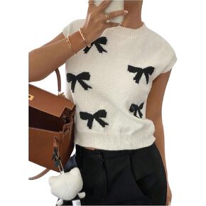 Verdusa Women's Bowknot Patterns Pullover Sweaters Vest Sleeveless Crew Neck Knit Tops