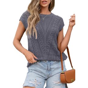 Dokotoo Sweater Vest Women Cap Sleeve Summer Tops Crew Neck Casual V-Pattern Pullover Sweaters Tank Top Loose Fit