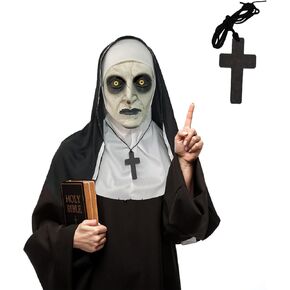 Scary Nun Mask 2024, Halloween Full Head Mask The Nun Creepiest Latex Mask with cross necklace, Spirit Gothic Costume Supernatural horror