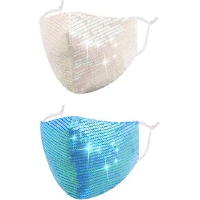 2 Pcs Sequin Face Mask with Filter Pocket, Adjustable Ear Loops, Masquerade Mask for Women
