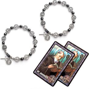 2 PCS أساور St Benedict مع ميداليات القديس بنديكت والصلب ، سوار المسبحة الكاثوليكية مع بطاقة صلاة للنساء هدية ، ميدالا دي سان بينيتو الوردية المجوهرات