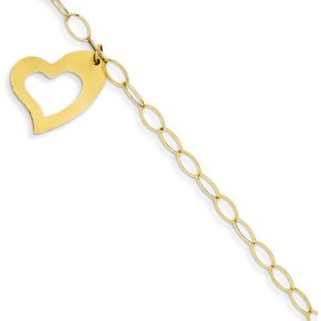 Solid 14k Yellow Gold Oval Link Open Chain with Heart Bracelet (17mm)