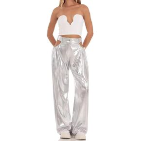 Women Metallic High Waist Wide Leg Pants Hollow Out Hip Hop Trousers Sweatpant