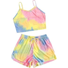 OYOANGLE Girl's 2 Piece Outfits Tie Dye Sleeveless Spaghetti Straps Crop Cami Top and Tie Front Track Shorts Sets