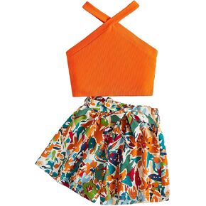 مجموعة Wdirara Girl المكونة من 2 قطعة استوائية من Crisscross Top & Floral Print Shorts Hawaiian Beach Vacation Outfits Boho