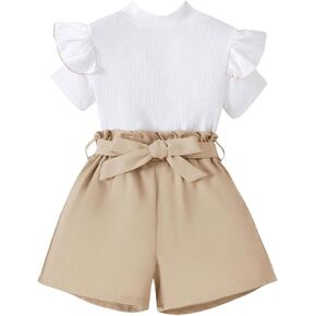 OYOANGLE Girl's 2 Piece Outfits Clothing Set Cute Ruffle Short Sleeve Ribbed Top and Belted Shorts
