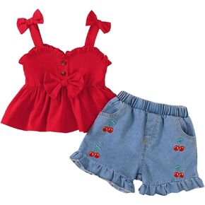 WDIRARA Toddler Girl's 2 Piece Set Cute Bow Ruffle Tank Denim Shorts Outfits