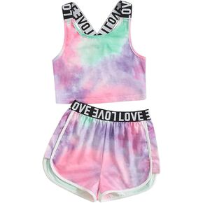 GORGLITTER Girl's 2 Piece Outfits Tie Dye Sleeveless Crop Tank Tops and Letter Print Track Shorts Set Activewear