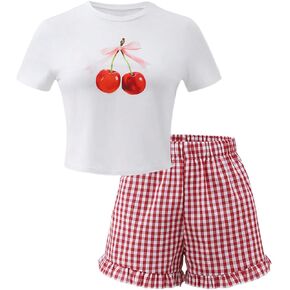 GORGLITTER Girl's 2 Piece Outfits Cherry Graphic Short Sleeve Tees and Plaid Shorts Sets