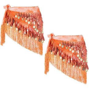 Meccanixity Belly Dance Hip وشاح مع ترتات الشرابات تتنورة المثلثات المثلثات مع العملات المعدنية لمهرجانات الموسيقية الأزياء (Orange ، حزمة 2) 2)