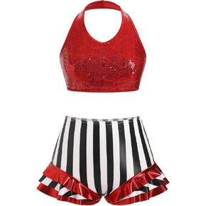 ODASDO Women Trapeze Artist Costume Shiny Sequin Halter Neck Crop Top High Waist Stripes Ruffle Shorts 2pcs Set