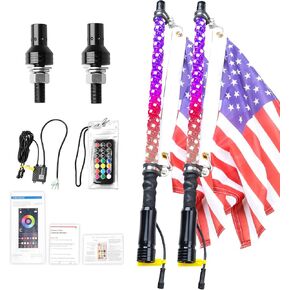 2 Pack 2FT LED Whip Lights for Side by Side UTV ATV Polaris RZR Can-Am SXS Truck Accessories with Whip Flags, Spiral RGB Chase Whips Light with App & Remote Control, Shake Music Lighted Whips