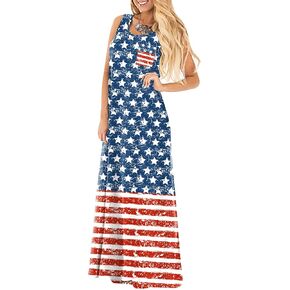 Spadehill Women's 4th of July American Flag Sleeveless Summer Maxi Dress
