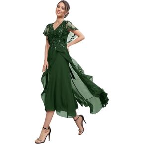 Mother of The Bride Dresses 2025 Sequins Chiffon V Neck Short Sleeve Evening Gown High Low Wedding Guest Dresses