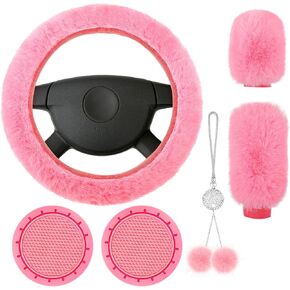 Frienda 6 Pieces Fluffy Car Accessories Set Bling Fluffy Steering Wheel Cover Soft Fuzz Handbrake Gear Shift Cover Bling Mirror Fuzz Car Pad Decoration