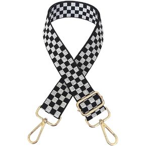 Black and White Checkered Purse Strap Wide Adjustable Shoulder Strap Crossbody Bag Strap Replacement Handbag Belt Strap Messenger Bag Strap with Golden Buckle