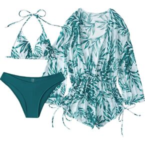 SHENHE Women's 3 Piece Swimsuit Bikini Set Halter Triangle Bathing Suit with Beach Cover Up Swimwear