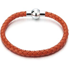 COOLSTEELANDBEYOND Orange Braided Leather Bracelet Genuine Leather Bangle Wristband with Magnetic Clasp Thin Mens Women