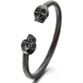 COOLSTEELANDBEYOND Elastic Adjustable Unique Mens Skull Cuff Bangle Steel Twisted Cable Bracelet Polished