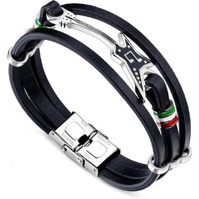 Mens Punk Rock Stainless Steel Guitar Wristband Multi Layered Leather Cuff Bracelet