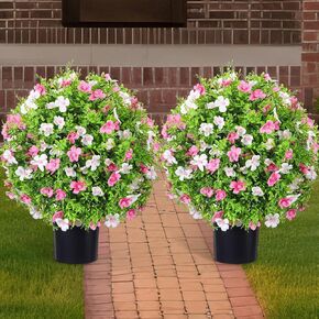2 Pack 21.6'' Artificial Topiary Ball Trees with Flowers UV Protected Outdoor Faux Potted Plants with Cement Pot Faux Greenery Shrubs for Front Garden (Multicolor,Mandala Flower Tree)