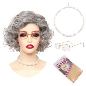 Fumwase Old Woman Costume Set Grey Grandma Wig Accessories Perfect for Halloween Party Wigs Grandmother Wig for Cosplay 100 Days of School Costume Wigs for Women and Adults (Grey)