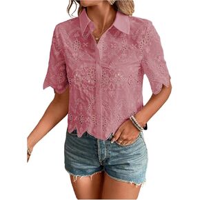 SweatyRocks Women's Short Sleeve Button Down Collared Blouses Embroidery Eyelet Top