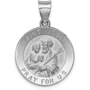 14k White Gold Catholic Patron Saint Joseph Medal Brushed Matte Finish Pendant Charm - 21mm x 19mm