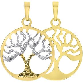 Solid 14K Yellow Gold Textured Reversible Round Tree of Life Charm Pendant