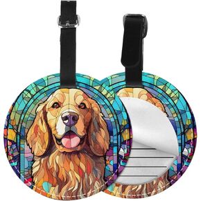 Australian Shepherd Stained Dog Breed Glass Art 2 Pcs Luggage Tag for Suitcase,Name Bag Tags, Round Baggage Identifiers with Privacy Cover,Leather Id Label for Women Men Travel
