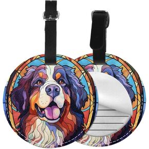 Australian Shepherd Stained Dog Breed Glass Art 2 Pcs Luggage Tag for Suitcase,Name Bag Tags, Round Baggage Identifiers with Privacy Cover,Leather Id Label for Women Men Travel in Kuwait