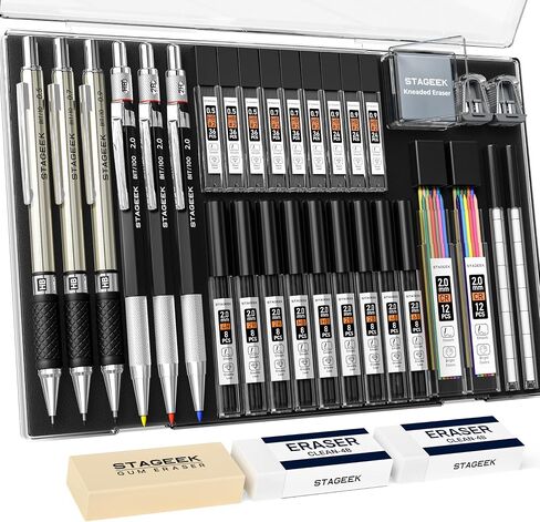 37PCS Art Mechanical Pencil Set, Drafting Pencil 5 Sizes- 0.3, 0.5, 0.7, 0.9MM & 2PCS 2.0MM Mechanical Drawing Pencils with 492PCS Leads (6B 4B 2B HB 2H 4H Color) for Artist Sketching Drawing in Kuwait