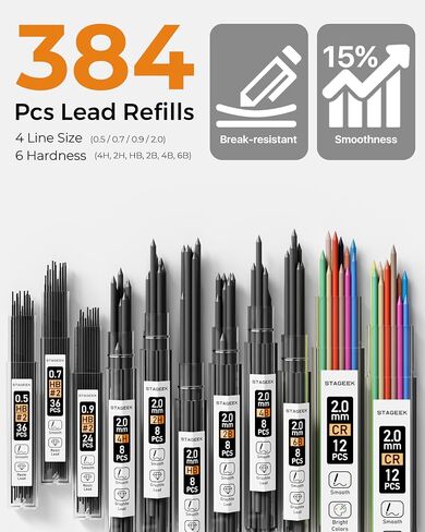 37PCS Art Mechanical Pencil Set, Drafting Pencil 5 Sizes- 0.3, 0.5, 0.7, 0.9MM & 2PCS 2.0MM Mechanical Drawing Pencils with 492PCS Leads (6B 4B 2B HB 2H 4H Color) for Artist Sketching Drawing in Kuwait