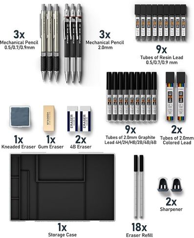 37PCS Art Mechanical Pencil Set, Drafting Pencil 5 Sizes- 0.3, 0.5, 0.7, 0.9MM & 2PCS 2.0MM Mechanical Drawing Pencils with 492PCS Leads (6B 4B 2B HB 2H 4H Color) for Artist Sketching Drawing in Kuwait