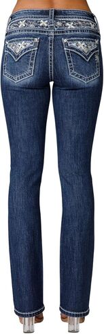 Miss Me Women's Delilah Mid-Rise Slim Bootcut Jeans with Floral Embellished Faux Flap Pockets in Saudi Arabia
