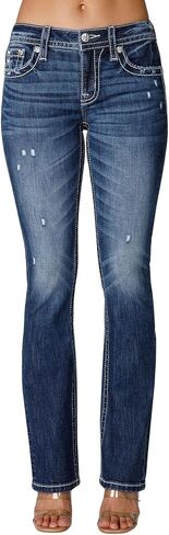 Miss Me Women's Delilah Mid-Rise Slim Bootcut Jeans with Floral Embellished Faux Flap Pockets in Saudi Arabia