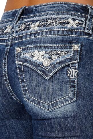 Miss Me Women's Delilah Mid-Rise Slim Bootcut Jeans with Floral Embellished Faux Flap Pockets in Saudi Arabia