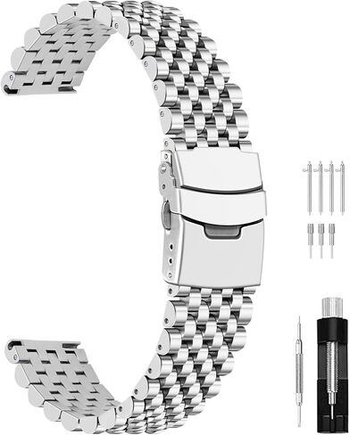 Juntan Stainless Steel Watch Band 20mm 22mm, 7 Half Beads Polished Brushed Watch Bands for Men Women, Metal Quick Release Watch Strap Watch Bracelet with Deployment Double Folding Buckle in Kuwait