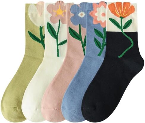 5 Pairs Womens Cute Crew Socks for Women and Girlsfloral socks women Flower Socks for Sports and Daily Wear in Saudi Arabia