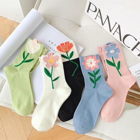 5 Pairs Womens Cute Crew Socks for Women and Girlsfloral socks women Flower Socks for Sports and Daily Wear in Saudi Arabia