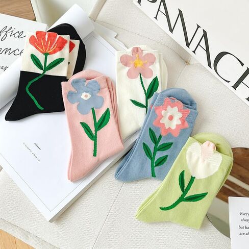 5 Pairs Womens Cute Crew Socks for Women and Girlsfloral socks women Flower Socks for Sports and Daily Wear in Saudi Arabia