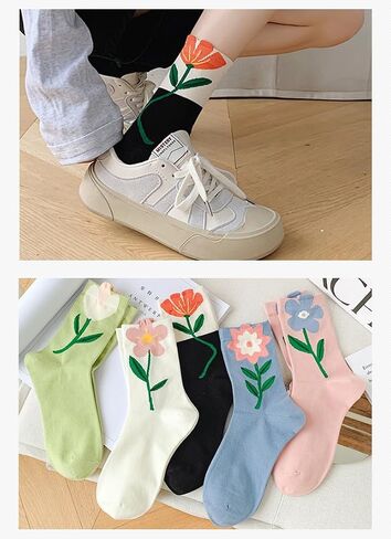 5 Pairs Womens Cute Crew Socks for Women and Girlsfloral socks women Flower Socks for Sports and Daily Wear in Saudi Arabia