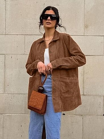 VOIKERDR Faux Suede Shackets for Women Long Sleeve Button Up Shirt Women with Pockets Spring Outfits for Women 2025 in Saudi Arabia