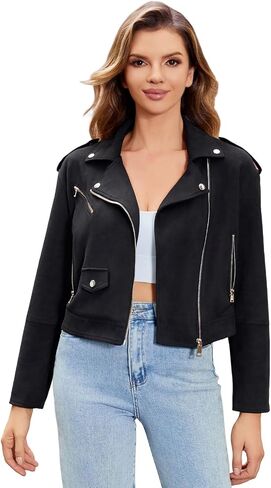 Faux Suede Leather Jacket For Women Moto Biker Coat With Pocket Slim Zip Up Motorcycle Outwear in Saudi Arabia