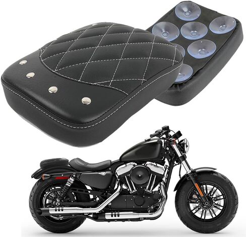Motorcycle Rectangular Pillion Passenger Pad Seat 8 Suction Cup Rear Leather Passenger Seat Compatible with Harley Custom Cafe Racer Bobber Chopper Custom Application (Black Rhombus Pattern w/Rivet) in Saudi Arabia