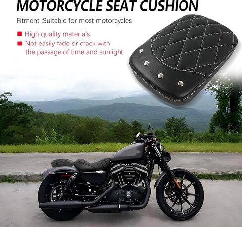 Motorcycle Rectangular Pillion Passenger Pad Seat 8 Suction Cup Rear Leather Passenger Seat Compatible with Harley Custom Cafe Racer Bobber Chopper Custom Application (Black Rhombus Pattern w/Rivet) in Saudi Arabia