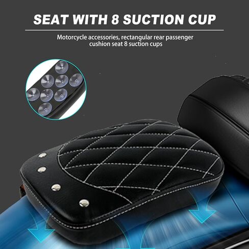 Motorcycle Rectangular Pillion Passenger Pad Seat 8 Suction Cup Rear Leather Passenger Seat Compatible with Harley Custom Cafe Racer Bobber Chopper Custom Application (Black Rhombus Pattern w/Rivet) in Saudi Arabia