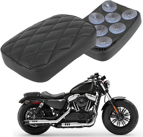 Motorcycle Rectangular Pillion Passenger Pad Seat 8 Suction Cup Rear Leather Passenger Seat Compatible with Harley Custom Cafe Racer Bobber Chopper Custom Application (Black Rhombus Pattern w/Rivet) in Saudi Arabia