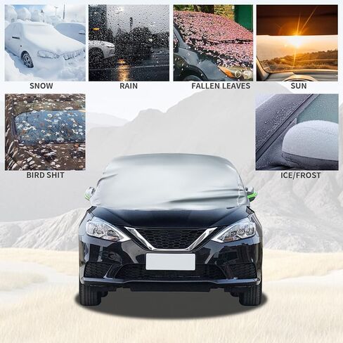 Bilisin Half Car Cover for Sedan, Waterproof Windshield Cover for Ice and Snow with Reflective Stripes Heavy Duty Outdoor Sunroof Cover All Weather Universal Fit for Most Sedan Cars in Saudi Arabia